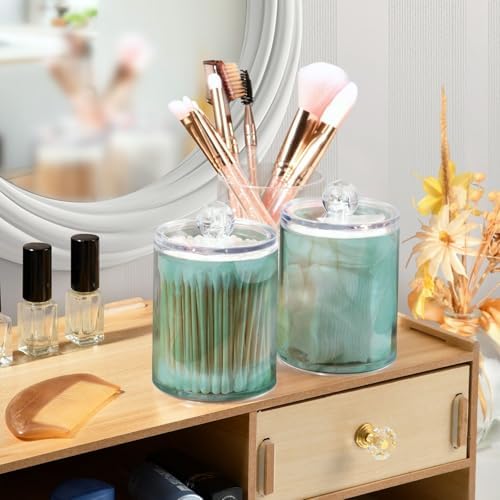 Blueangle 2PCS Green Marble Pattern Qtip Holder Dispenser with Lids - Apothecary Jar Containers for Vanity Organizer Storage - Plastic Food Storage Canisters（182）