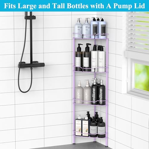 HuggieGems Metal Floor Standing Corner Shower Caddy, Light Purple, 4 Tier