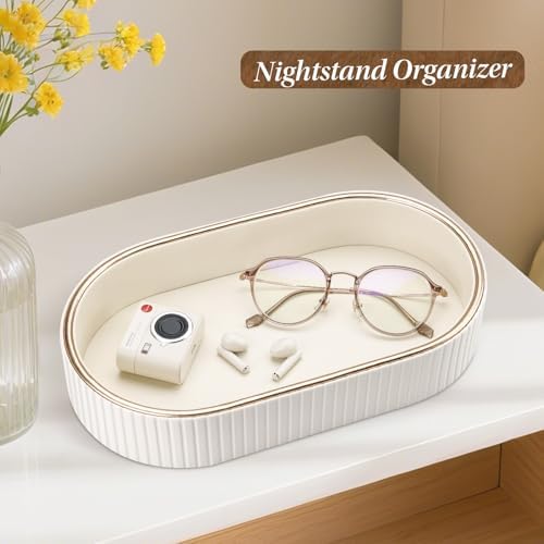 GORESE Oval Vanity Tray Perfume Organizer, PU Leather Valet Jewelry Trays Nightstand Organizer Key Bowl Trinket Dish for Entryway Dresser Bedside, Catchall Trays for Men Women, 11×5.9 in, Cream White