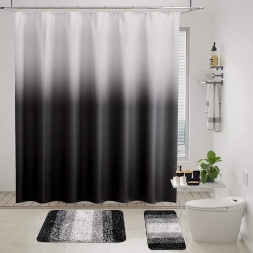 XLHOMO Black Bathroom Accessories Set with Wicker Trash Can Shower Curtain and Rugs,Bathroom Sets Small Waste Basket Bathroom Trash Can for Bedroom Bathroom