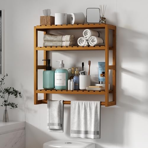 Galood Over The Toilet Storage Bathroom Shelves Wall Mounted 3 Tier Brown-L