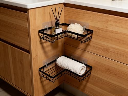 Shower Caddy 2 Pack, No Drilling Adhesive Bathroom Organizer Shelf Rack, Corner Shower Shelf with Hooks for Home Decor & Storage