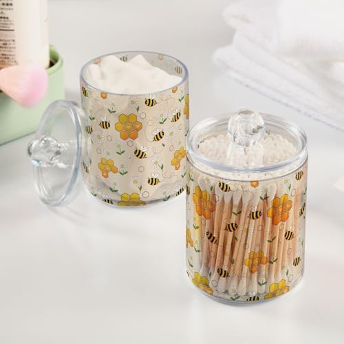 MNSRUU 4 Pack Qtip Holder Organizer Dispenser Cute Bee Bathroom Containers Bathroom Vanity Storage Canister Apothecary Jars for Cotton Swabs/Pads/Floss