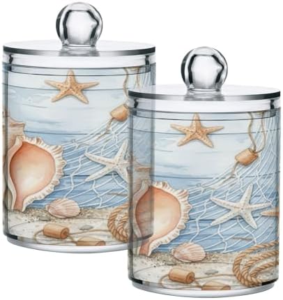 MNSRUU 4 Pack Qtip Holder Organizer Dispenser Summer Beach Conch Seashell Bathroom Containers Bathroom Vanity Storage Canister Apothecary Jars for Cotton Swabs/Pads/Floss