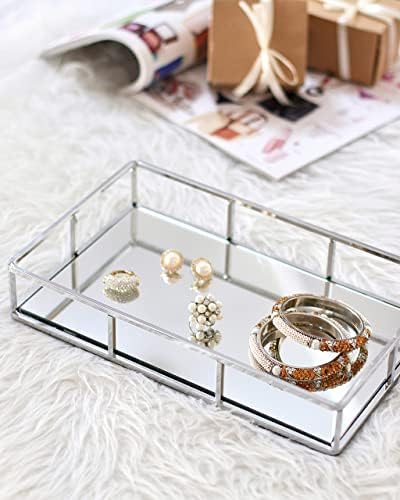 JollyCaper Silver Mirror Vanity Tray, Rectangle 12x8x2 Inches - Jewelry, Perfume, Makeup Organizer - Decorative Metal Tray for Dresser, Bathroom, Living Room, Bar Cart