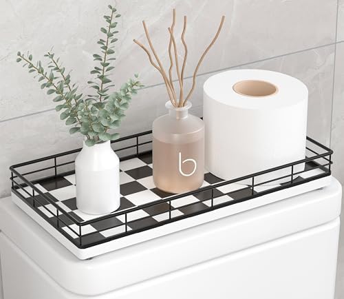Toilet Paper Basket Organizer, Oak Wood Toilet Tank Tray with Metal Frame
