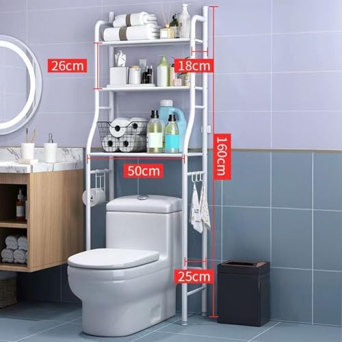 Over The Toilet Storage Rack, 3 Tier Bathroom Organizer Shelf with Toilet Paper Holder, Freestanding Space Saver Toilet Stands, Multifunctional Above Toilet Shelf for Bathroom iron stand white 3layers