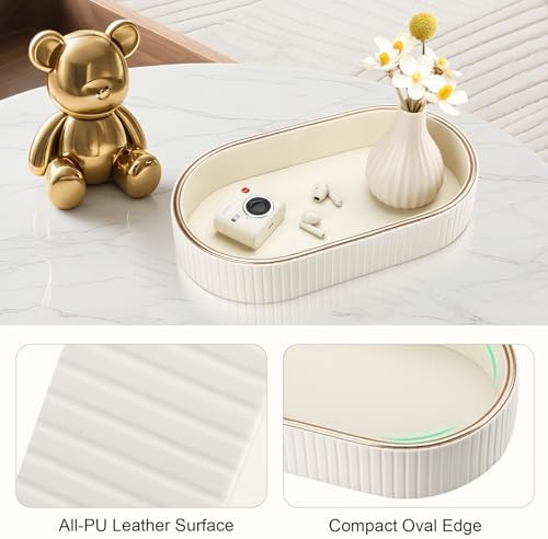 GORESE Oval Vanity Tray Perfume Organizer, PU Leather Valet Jewelry Trays Nightstand Organizer Key Bowl Trinket Dish for Entryway Dresser Bedside, Catchall Trays for Men Women, 11×5.9 in, Cream White