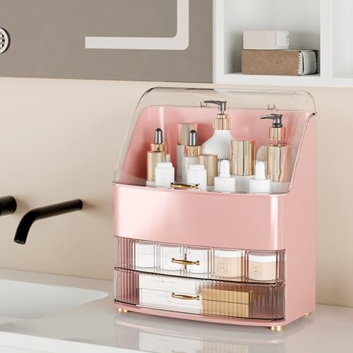 Makeup Organizer Countertop Vanity with Transparent Lid Drawers Waterproof Dustproof Cosmetic Skincare Bathroom Storage Gift for Women Teens Girls (Pink)