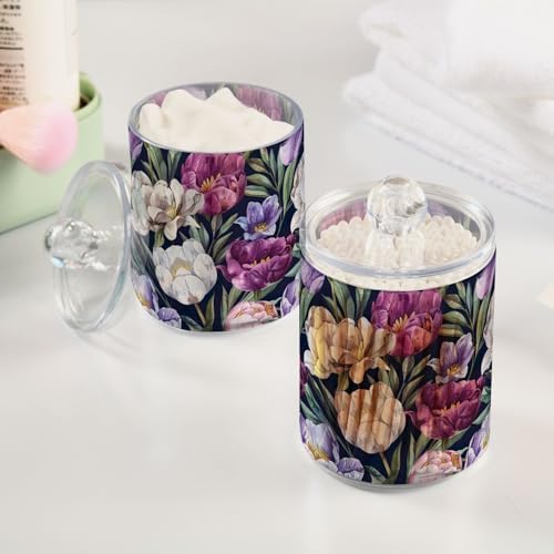 White and Purple Tulips Qtip Dispenser Set of 2, Apothecary Jars with Lids Makeup Brush Container for Cotton Ball, Swab, Floss, Makeup Sponges, Hair Clip 10 Oz