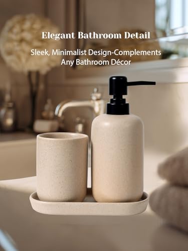 INGOFIN 3 Pcs Ceramic Bathroom Accessory Set - Liquid Soap Dispenser, Toothbrush Holder & Tray, Bathroom Counter Set, Countertop Essentials for Home, Guest Bathroom, or Office Use, Beige