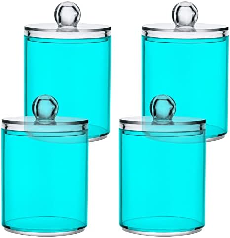 SHJI Teal Green Qtip Holder Organizer Dispenser Cotton Swabs Cans Plastic Jars with Lid Set 4 Pack Bathroom Storage Canister for Cotton Ball Floss Cotton Pads