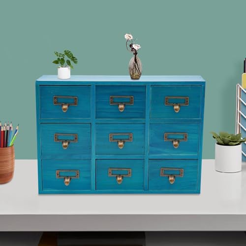 Apothecary Cabinet with 9 Drawers Card Catalog Cabinet, Library Card Catalog Drawer with Metal Handles & Label Slot Wooden Desk Drawer Organizer for Herb Storage, Tea Collection (Blue)
