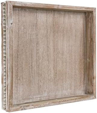 Wooden Decorative Tray, Small Serving Tray with Wood Bead, Farmhouse Big Tray for Ottoman, Countertop, Coffee Tabl, 13" x 13"x 1.6" (White Washed)