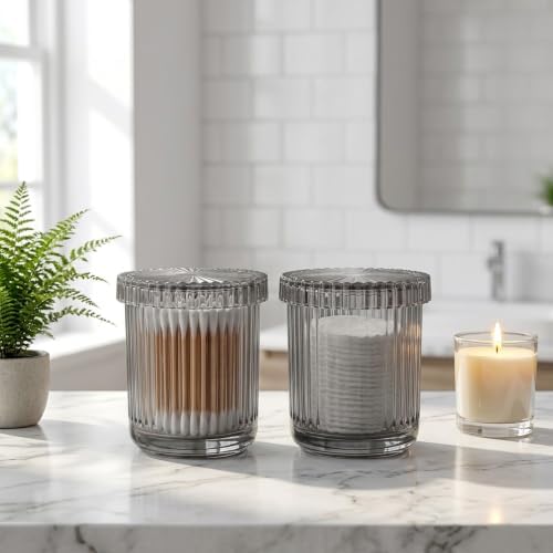 rejomiik 2 Pack Thick Glass Qtip Holder Apothecary Jars with Lids, Gray