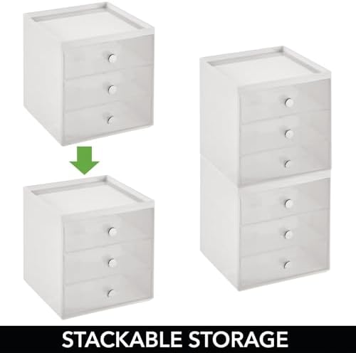 mDesign Plastic 3 Drawer Organizer for Makeup Storage - Large Stackable Makeup Organization and Storage Cube with Drawers for Bathroom, Vanity, Desk - Makeup Storage Drawers - Light Gray/Clear