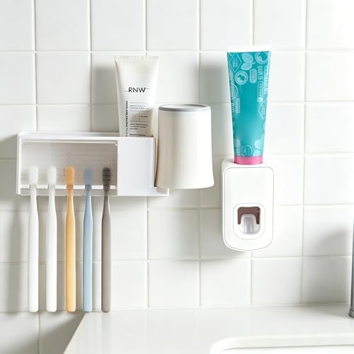 5 Slots Wall Mount Toothbrush Holder with Cover, Self Adhesive Toothbrush Storage Organizer for Shower, Toothbrush Cup Hanger with Automatic Toothpaste Squeezer Dispenser (White)