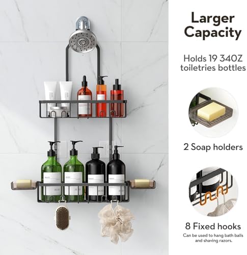 Shower Caddy Hanging, Shower Organizer Hanging, Aluminum Shower Racks for Inside Shower with Hooks for Razor, Never Rust Bathroom Organizers and Storage with Soap Holder, Black