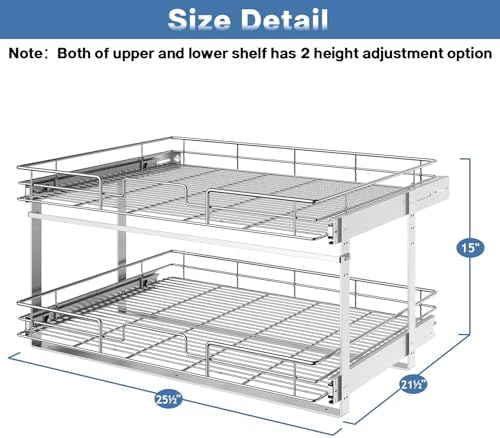 LOVMOR 2 Tier Individual Pull Out Cabinet Organizer 25½" W x 21½" D, Slide Out Kitchen Cabinet Storage Sliding Shelves