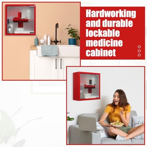 Timgle First Aid Wall Cabinet with Lock Medicine Wall Mounted Bathroom Storage Hanging Medical Cabinet with Safety Glass Door for Bathroom(2 Shelves,Red)
