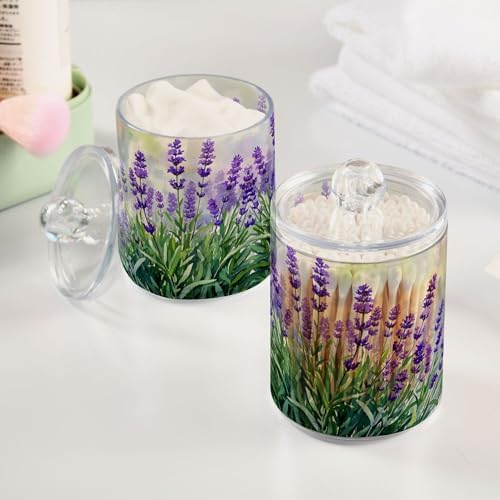 MNSRUU 2 Pack Qtip Holder Organizer Dispenser Lavender Bathroom Storage Canister Cotton Ball Holder Bathroom Containers for Cotton Swabs/Pads/Floss