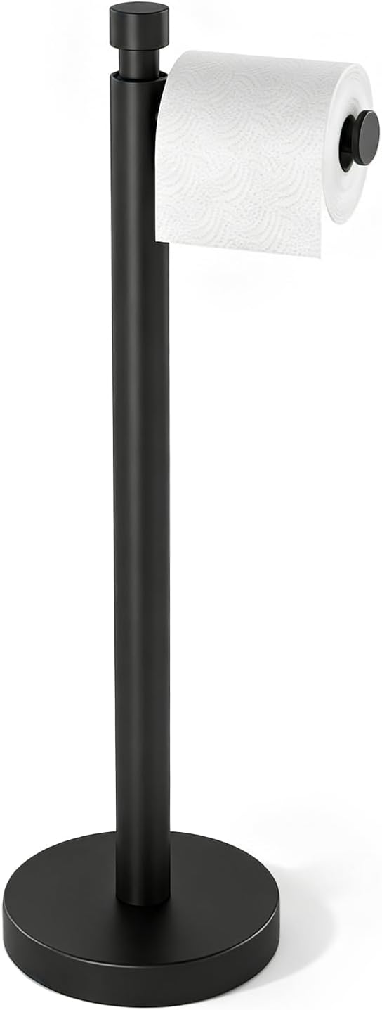 Toilet Paper Holder Stand with Weighted Base, Matte Black | Stainless Steel Design with Open-Arm Access for Bathrooms and Powder Rooms