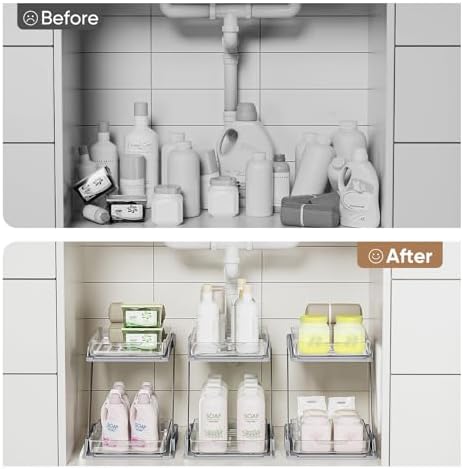 2 Pack Bathroom Organizers and Storage - Multi-Purpose,2-Tier Clear Pull Out Organization for Bathroom,Under Sink,Kitchen,Vanity,Countertop,Cabinet,Pantry & Medicine Cabinet,Grey