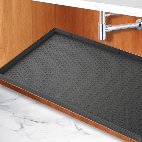 Under Kitchen Sink Mat 31" x 22", SAZTEAY Waterproof Silicone Under Sink Tray, Under Sink Protector Mat for Bathroom and Kitchen Cabinets(Black)