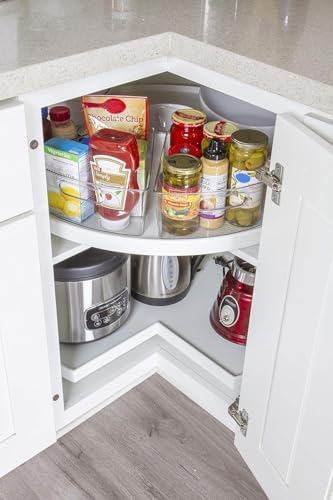 Kitchen Spaces Lazy Susan Deep Organizer Bins, Corner Cabinet Turntable Shelf Storage for Kitchen and Pantry Items, Clear and Sturdy with Built-In Handles, 2 Pack