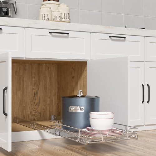 OCG Pull Out Cabinet Organizer 2 Pack (12" W x 21" D), Pull out Shelves 1 Tier, Cabinet Slide Out Shelves for Base Cabinet Organization in Kitchen Bathroom Pantry, Bottom Mount, Chrome Finish