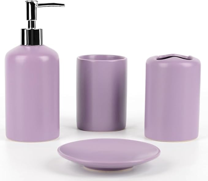 WPM 4 Piece Ceramic Bathroom Accessories Set - Purple - Our Complete Bath Decor Kit Includes Designer Soap or Lotion Dispenser - Toothbrush Holder - Tumbler - Soap Dish