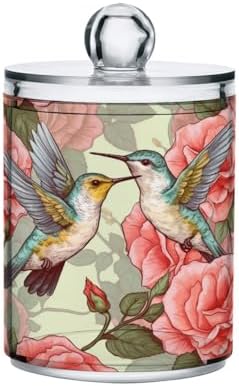 MNSRUU 4 Pack Qtip Holder Organizer Dispenser Flowers and Hummingbirds Pink Bathroom Storage Canister Cotton Ball Holder Bathroom Containers for Cotton Swabs/Pads/Floss