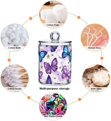 Gredecor 2 Pack Qtip Holder Clear Purple Butterflies (1) Apothecary Jars with Lids Acrylic Bathroom Jars Vanity Countertop Canister Storage Organizer for Cotton Ball,Swabs,Pads,Floss