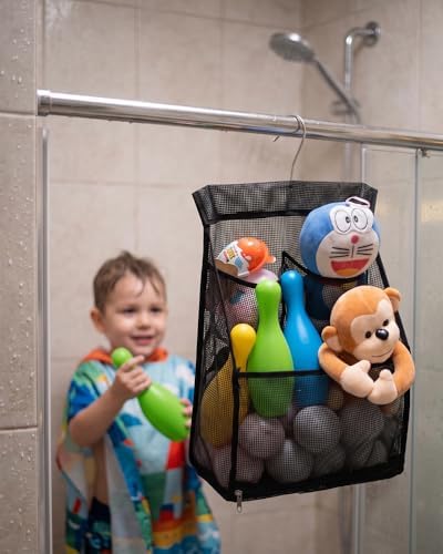 ALYER Hanging Mesh Bath Toy Organizer Bag,Large Shower Storage Caddy with Durable Hanger (Black)