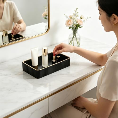 PU Leather Valet Tray,Desk Organizer Tray Nightstand Organizer Trinket Dish Storage Key Bowl Decorative Trays for Phone Wallet Jewelry Watch,Bathroom Bedroom Perfume Vanity Trays,Black