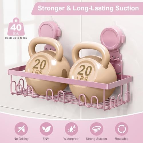 JOTPE Pink Suction Cup Shower Caddy, 2 Pack Bathroom Organizer with Hooks
