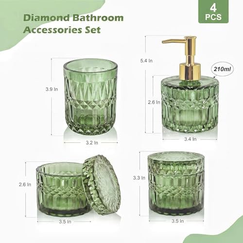 LaMarriti Green Bathroom Accessories Set, 4Pcs Clear Glass Bathroom Set, Soap Dispenser and Toothbrush Holder Set, Qtips Holder, Soap Dish for Crystal Modern Bathroom Decor, Countertop Organizer