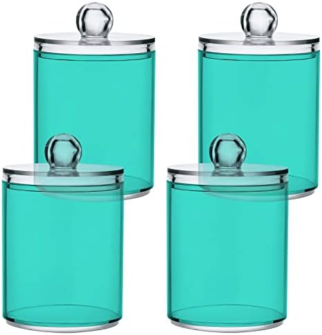 SHJI Turquoise Qtip Holder Organizer Dispenser Cotton Swabs Cans Plastic Jars with Lid Set 4 Pack Bathroom Storage Canister for Cotton Ball Floss Cotton Pads