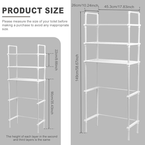 Over The Toilet 3-Tier Storage Cabinet, Above Toilet Storage Rack, Behind Toilet Shelf, Bathroom Organizer Freestanding Toilet Shelf Space Saver for Home Bathroom (White)