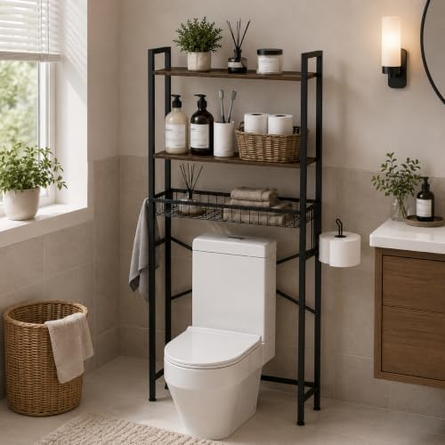 Over The Toilet Storage Rack, 3-Tier Bathroom Organizer Shelf with Toilet Paper Holder & 3 Hooks, Freestanding Metal Over Toilet Storage Shelves for Small Bathroom Spaces, Brown