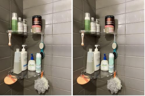 JiePai Acrylic Corner Shower Caddy Shelf with Hooks 4 Pack, Adhesive Wall Mounted Bathroom Shower Organizer for Inside Shower & Kitchen Storage, Space-Saving Design