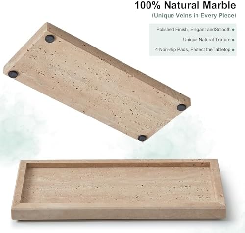 Natural Travertine Vanity Tray, Stone Organizer for Bathroom & Kitchen