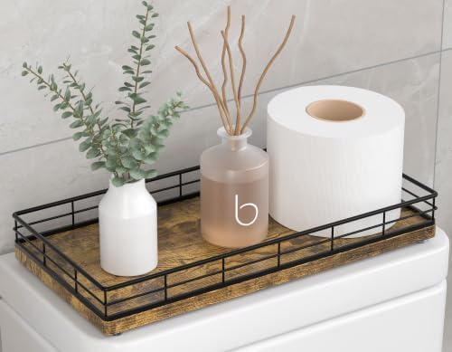 Toilet Paper Basket Organizer, Wood Toilet Tank Tray with Metal Frame