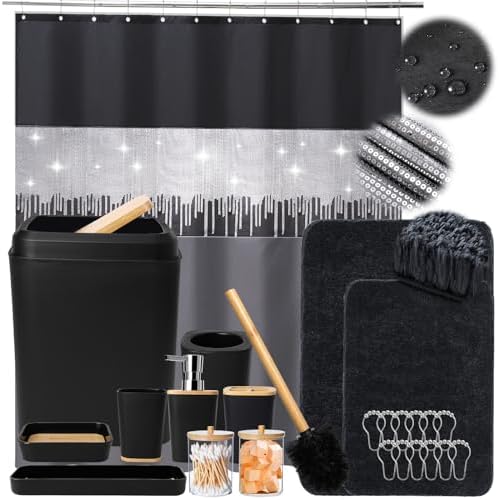 XLHOMO Bathroom Sets with Shower Curtain and Rugs,24PCS Black Bathroom Set Shower Curtain Set with Bathroom Trash Can Bathroom Accessories