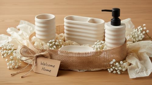 Hymmah Bathroom Accessories Set,Apartment Essentials Farmhouse Bathroom Decor,4 Pcs Resin Gift Set Apartment Necessities, Contain Toothbrush Holder,Soap Dispenser,Soap Dish,Tumbler