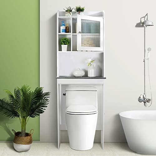 Over Toilet Bathroom Organizer 4-Tier Over The Toilet Storage Cabinet with Adjustable Shelves and Tempered Glass Door Space-Saving Toilet Shelf for Small Places White