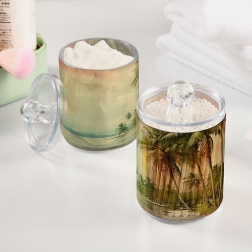 2 Pack Apothecary Jars Bathroom Vintage Palm Trees Qtip Holder Dispenser Clear Plastic Storage Canister Jar with Lid for Cotton Ball, Cotton Swab