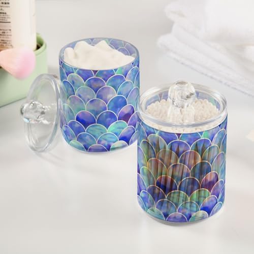 MNSRUU 2 Pack Qtip Holder Organizer Dispenser Watercolor Rainbow Scales Of Mermaid Bathroom Storage Canister Cotton Ball Holder Bathroom Containers for Cotton Swabs/Pads/Floss