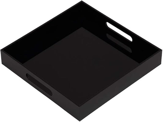 Glossy Black Sturdy Acrylic Serving Tray with Handles - 12x12 Inch Multipurpose Tray for Coffee, Appetizers, Breakfast, and More