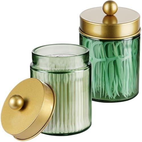 Amolliar Green Glass Apothecary Jar, Qtip Holder Bathroom Decor, Gold 2Pack